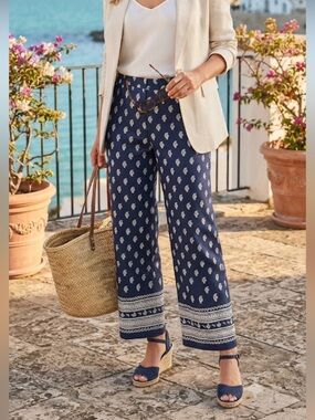 New Talbots Navy and White Printed Wide-Leg Pants